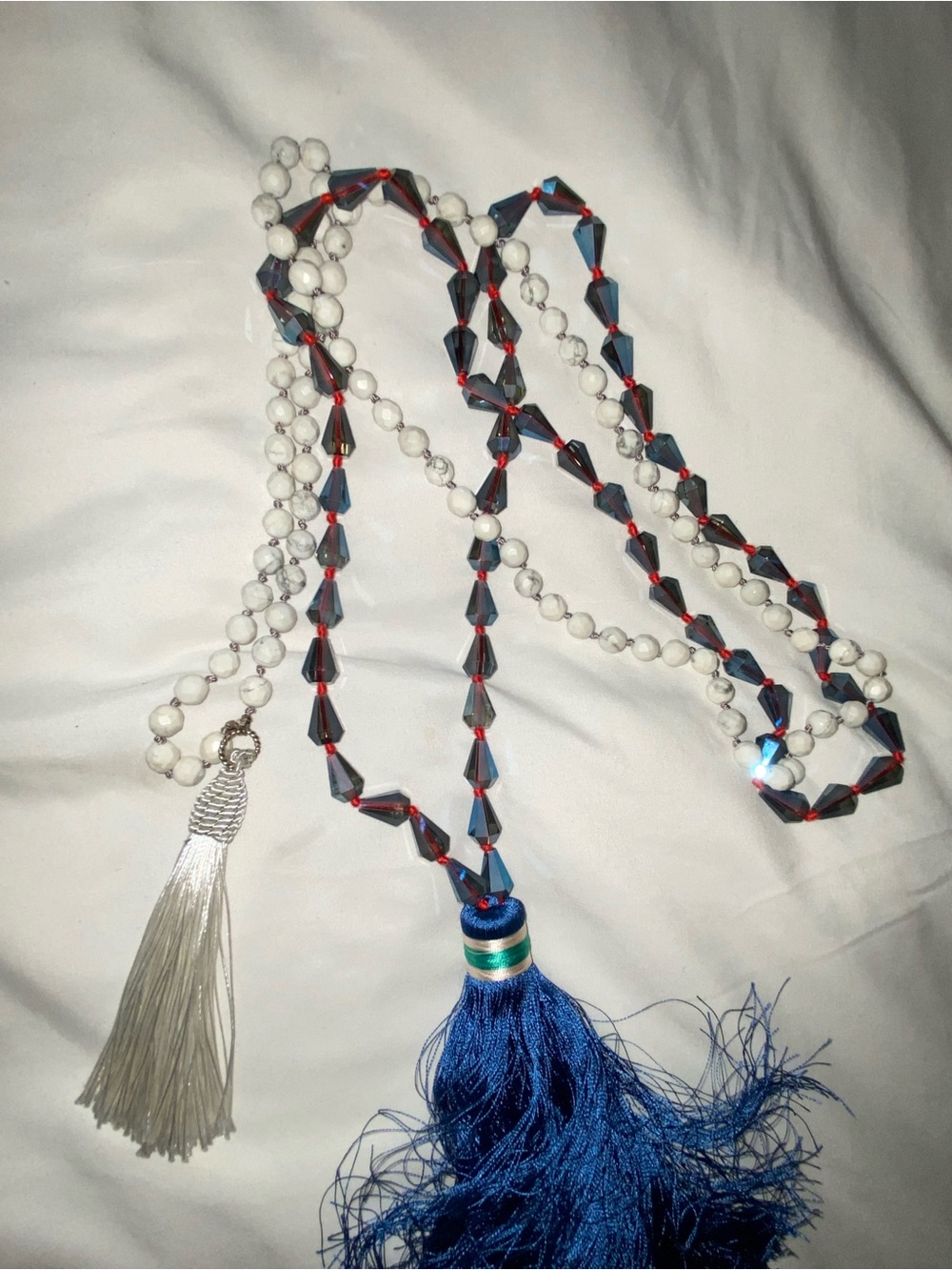 Handcrafted Blue Tassel Beaded Necklace with White Howlite Beads